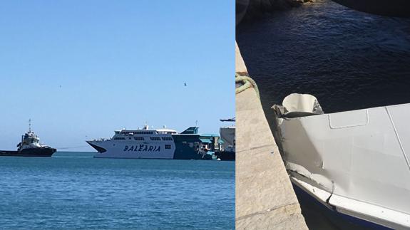 El melillero, a la izquierda, remolcado. A la derecha, detalle del choque. 