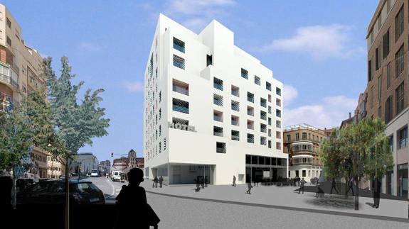 Recreación del hotel proyectado por Moneo, con la reproducción de La Mundial, al fondo.