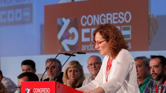 Nuria López, durante su discurso como secretaria general de CC OO-A