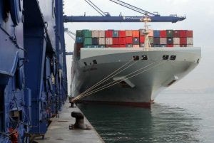 El buque 'Hanjin Alexandria' arribó al puerto Bahía de Algeciras a primera hora de la mañana. ::
SUR