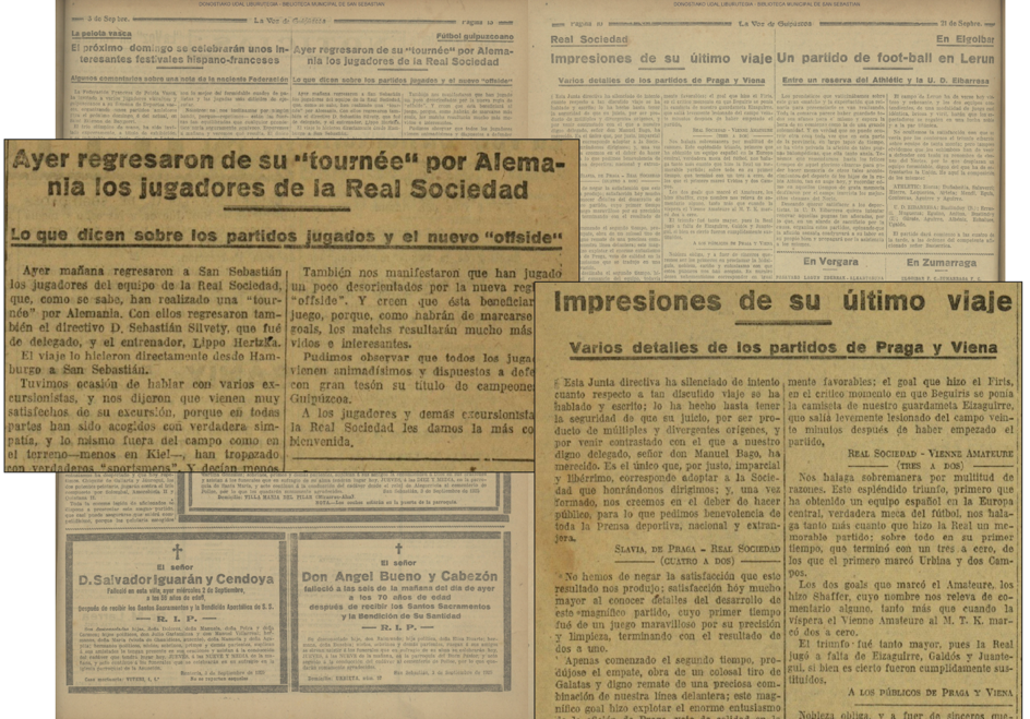 «Impresiones» de la primera gira europea de la Real publicadas en 'La Voz de Guipúzcoa' el 21 de septiembre de 1924 y resumen de la «tournée» alemana del 3 de septiembre de 1925.