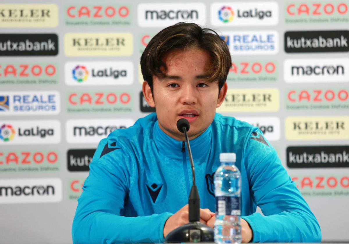 Take Kubo, durante la comparecencia de este martes en la sala de prensa de Zubieta.