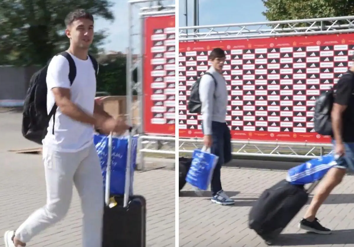 Zubimendi, Le Normand y Oyarzabal, con las bolsas de plástico de la Real Sociedad a su llegada a la concentración de la Selección Española.