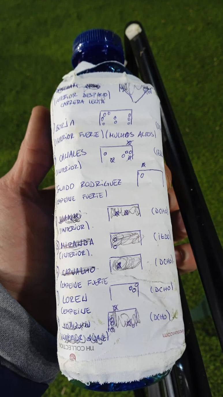 La botella de agua de Sergio Herrera con la información de los lanzadores de penaltis del Betis.