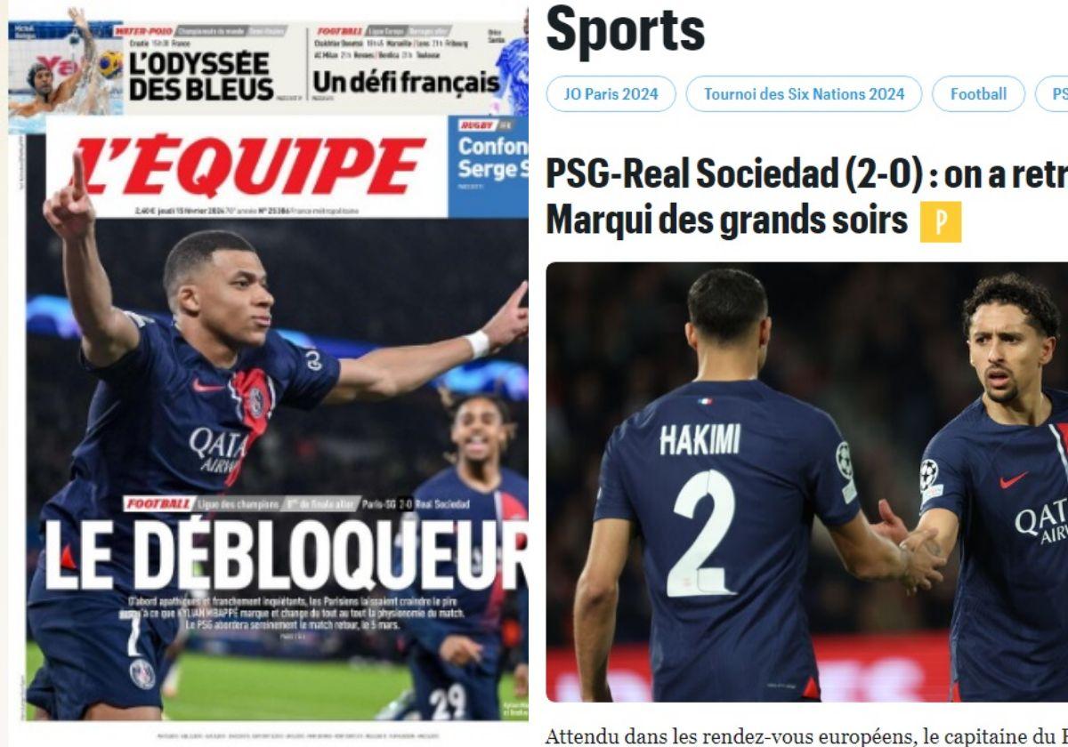A la izquierda, portada de l'Equipe. A la derecha, crónica del partido en la edición digital de Le Parisien.
