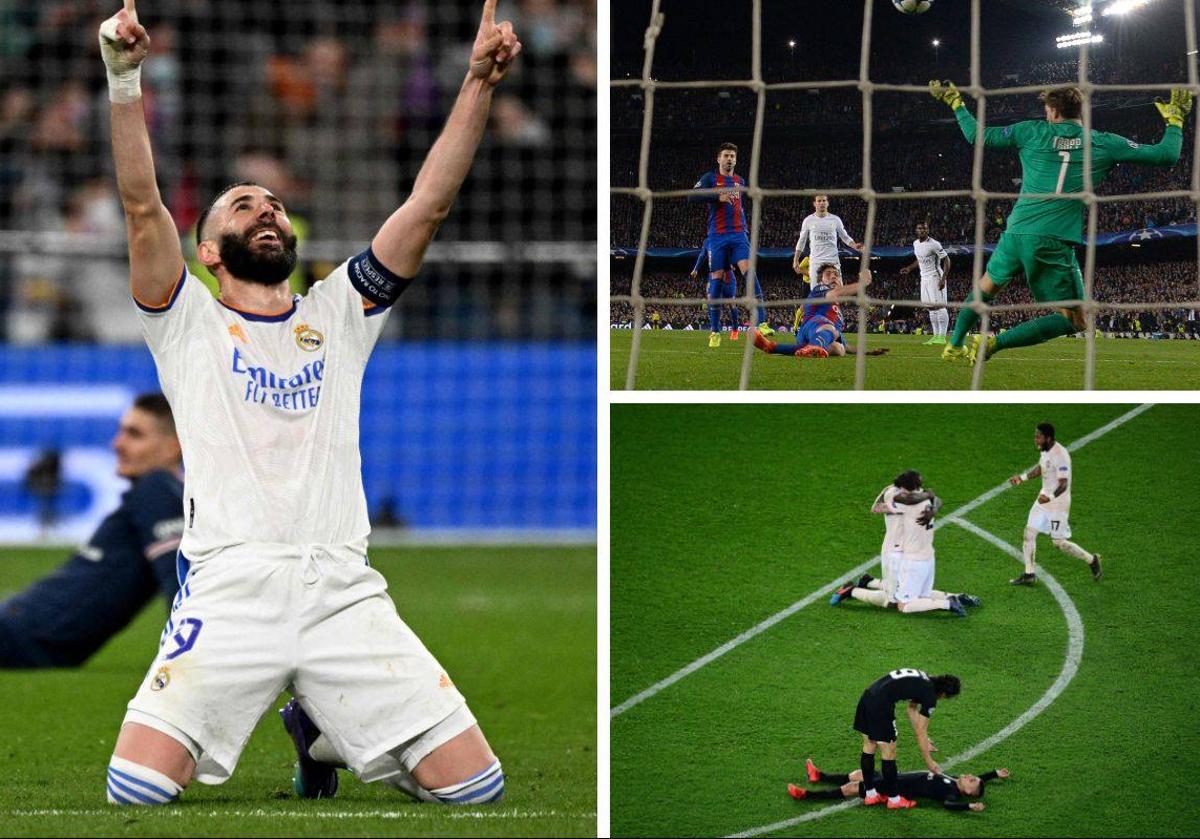Karim Benzema celebra uno de sus tres goles al PSG. Arriba a la derecha Sergi Roberto hace el 6-1 en la última jugada deel partido. Debajo, Los jugadores del Manchester United se abrazan tras apear contra pronóstico al equipo parisino.