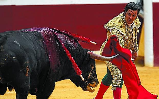 Ante la protesta del público, el de La Puebla le hace el trasteo final a ‘Chillón’, su primer toro, negro zaino. 
