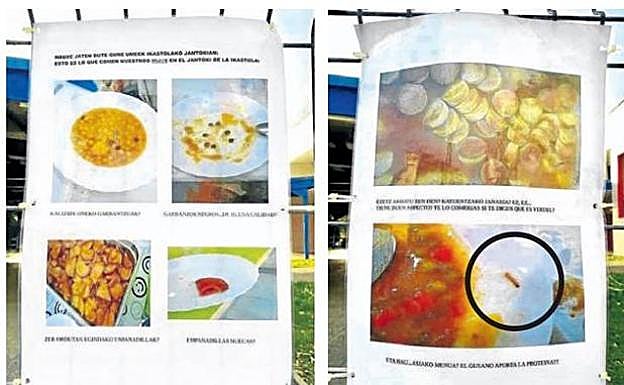 Fotos colocadas en la ikastola de platos con garbanzos negros, empanadillas «huecas» y hasta un gusano