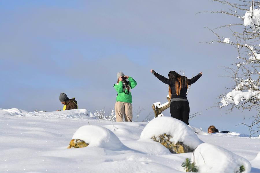 La nieve ha dejado este domingo bellas estampas invernales y familiares en la zona de Aralar, Baraibar y Lekunberri.