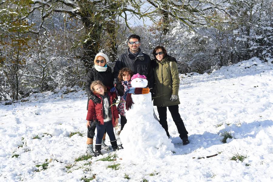 La nieve ha dejado este domingo bellas estampas invernales y familiares en la zona de Aralar, Baraibar y Lekunberri.