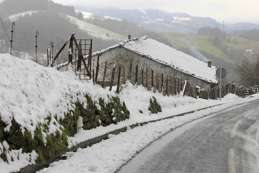 La nieve ha cubierto los montes de las zonas de Etzegarate y Deskarga, dejando bellas estampas invernales y problemas en la circulación.