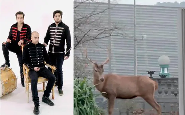 Los músicos de Yo Ciervo con sus trajes de ‘la guerra de la independencia’ e imagen del vídeo con el ciervo en Reina Regente. 