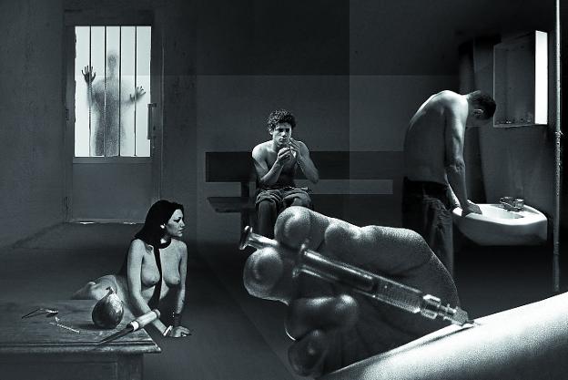 Adicciones. Uno de los cinco collages -el dedicado a la presencia de la droga en su filmografía- realizados por Quentin Valois para la exposición.