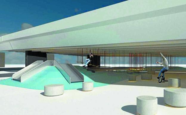 Imagen virtual de la zona de juegos y estancia proyectada bajo los tableros de la Variante en Carlos I.