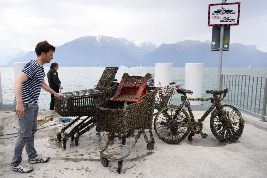 Imágenes tomadas durante la novena edición del evento de limpieza 'Net'Leman' , en Vevey, Suiza. El Net'Leman es un evento de un día en el que los voluntarios limpian el lago de Ginebra y sus costas. Este año la protagonista es una bicicleta cubierta de mejillones.