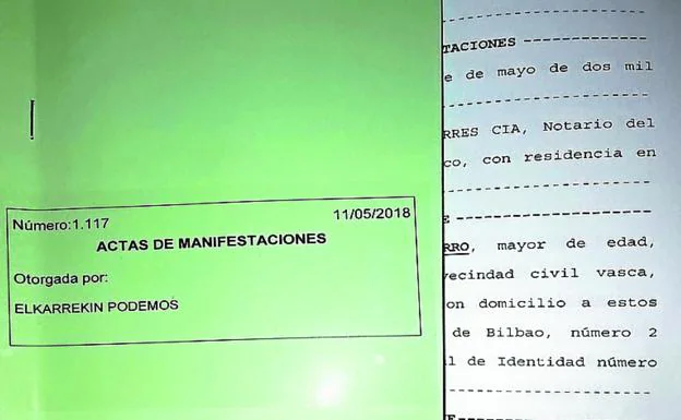 Acta notarial. Otorgada por Elkarrekin Podemos el 11 de mayo.