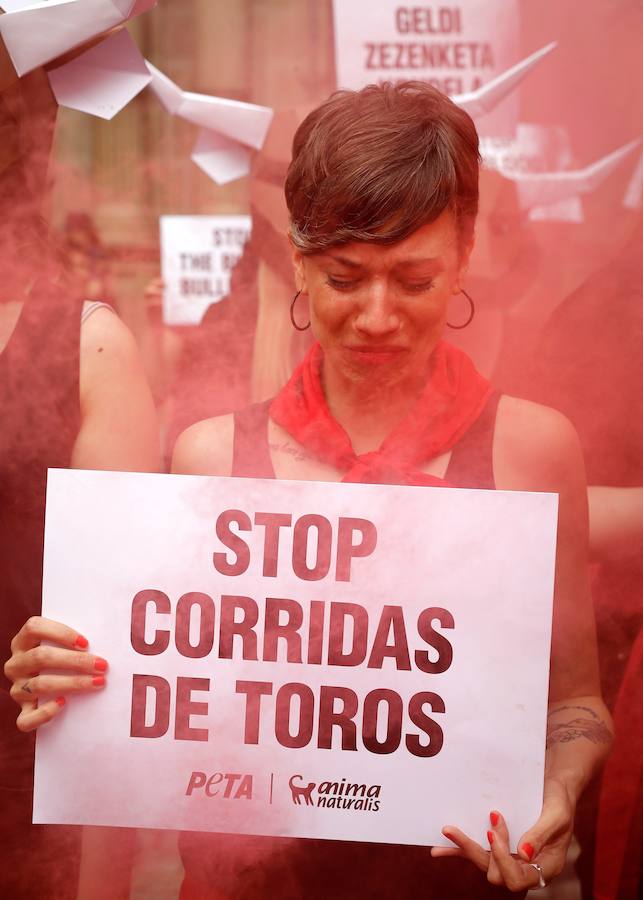 Las organizaciones animalistas Personas por el Trato Ético de los Animales (PETA) y AnimaNaturalis se han concentrado este jueves, víspera del comienzo de los Sanfermines, en una protesta antitaurina que ha tenido lugar en la plaza Consistorial, frente al Ayuntamiento de Pamplona.