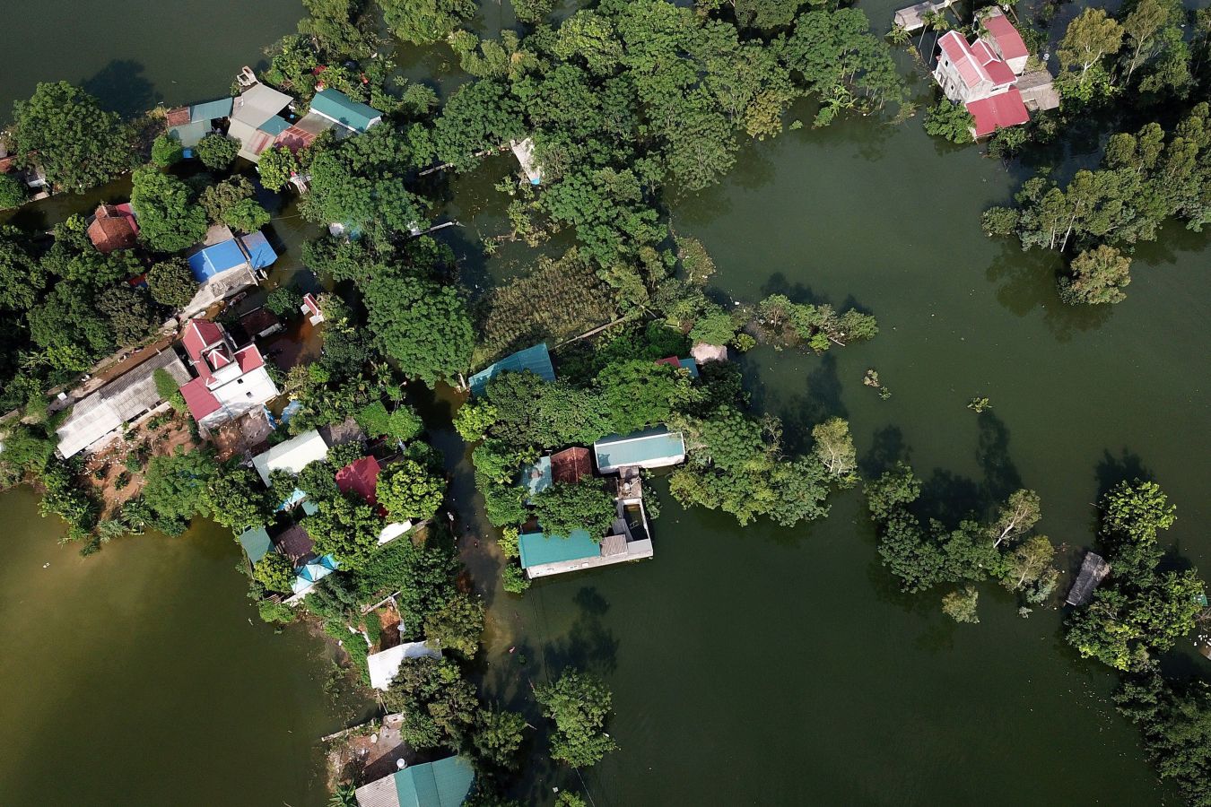 El municipio de Nam Phuong Tien, distrito de Chuong My en Hanói inundado el 30 de julio de 2018. Las fuertes lluvias de la semana pasada provocaron inundaciones en más de 600 casas del distrito, y alrededor de 830 hogares permanecen incomunicados, informaron hoy medios locales.