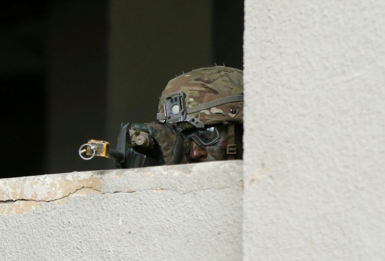 Soldados ucranianos durante los ejercicios militares multinacionales «Noble Partner 2018» en la base militar de Vaziani, a las afueras de Tbilisi, Georgia,