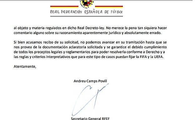 Página quinta y última del escrito de la FEF a LaLiga