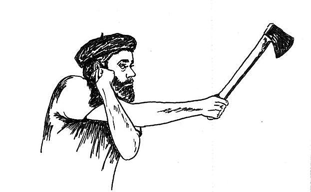 Imagen principal - Goiko marrazkian (Maite Perurenak egina da) 1620ko agiriak aipatzen duen aizkora botatzeko modua. Behean, Artikutzari buruzko agiria, non «bustalizas o belar beteac» irakur daitekeen. 