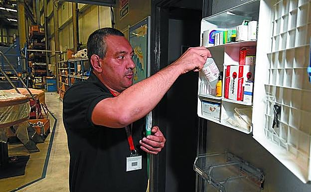 Iosu rellena el botiquín de Gamesa Gear-Box. 