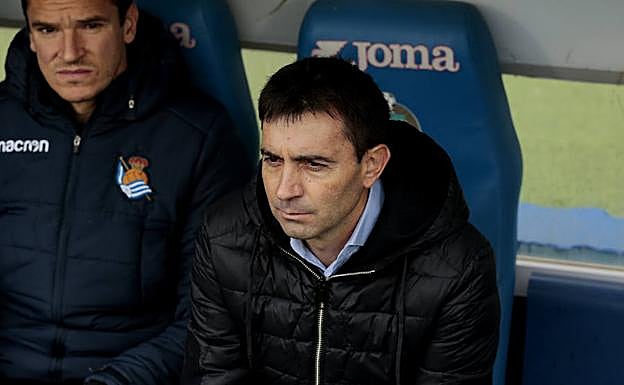 Asier Garitano y Ion Ansotegi en el banquillo del Coliseum