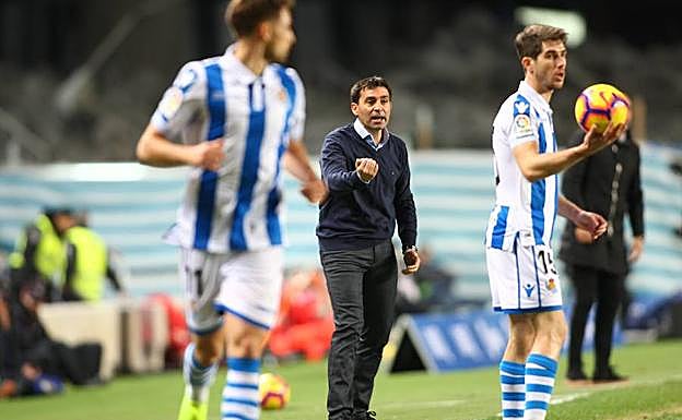 Asier Garitano durante el partido frente al Alavés en Anoeta.