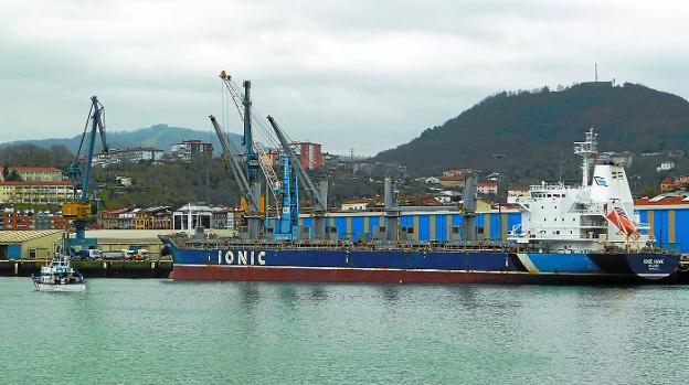 En Buenavista. El barco mercante Ionic Hawk permanece amarrado en el puerto de Pasaia desde su entrada el sábado. 