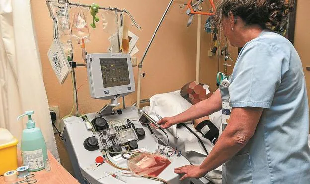 Un donante sometiéndose al proceso de aféresis, en el que una máquina centrifuga la sangre para extraer las células madre que contienen los huesos.