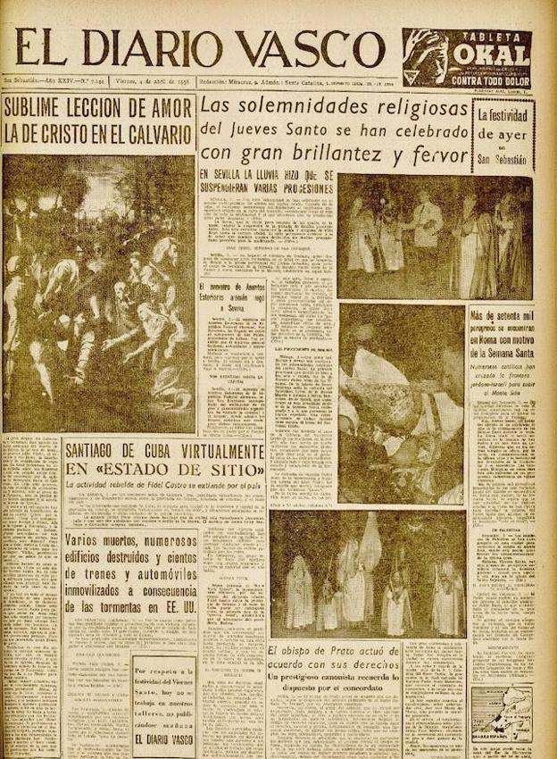 Primera página de 'El Diario Vasco', el 4 de abril de 1958, Viernes Santo