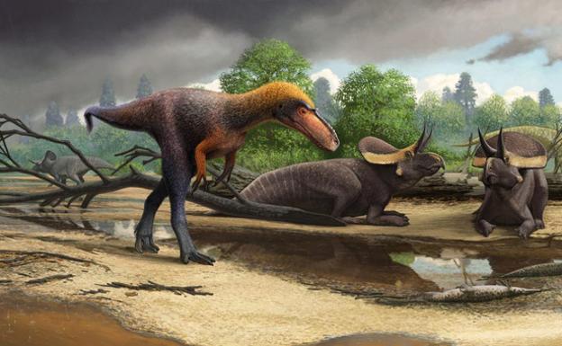La especie de tiranosauroide Suskityrannus hazelae, en primer plano, vivió hace 92 millones de años durante el Cretácico Medio.