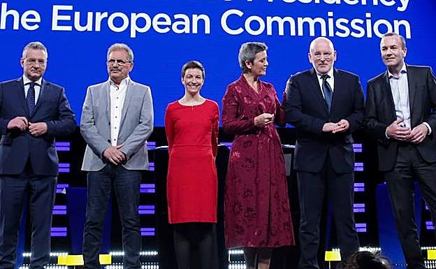 De izquierda a derecha: Jan Zahradil, Nico Cué, Ska Keller, Margrethe Vestager, Frans Timmermans y Manfred Weber .