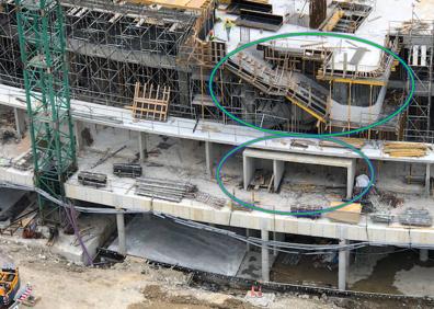 Imagen secundaria 1 - 1) Son muchos los curiosos que a diario se acercan a ver las obras de Anoeta. 2) Los accesos y las escaleras señaladas con una elipse. 3) En el córner noroeste se ubicarán las oficinas del club.