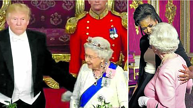 Trump posa la mano en la espalda de la reina, el mismo gesto de Michelle Obama en 2009. 