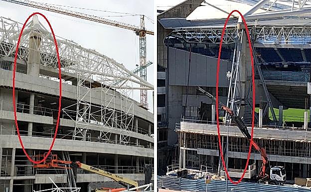 En la imagen de la izquierda el pilar de la cercha queda abarzado por el forjado de la grada.| En la imagen de la derecha el pilar de la cercha con la viga que repartía el peso. 