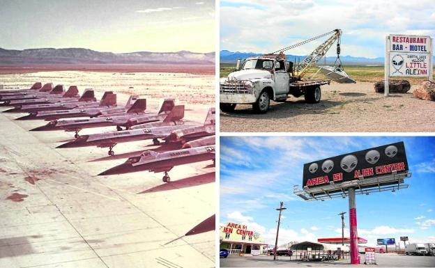 El secreto. Aviones espía A-12 de la CIA en la base secreta de Nevada en los años 60. Abajo, publicidad de un motel 'extraterrestre' y el Centro Alien del Área 51. 