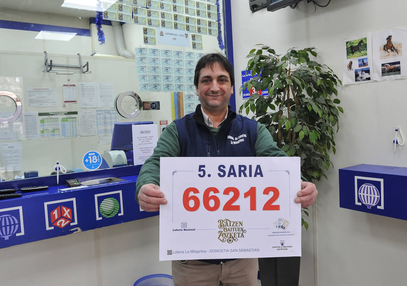 Dos décimos del tercer premio y seis de los quintos 66212 y 81610 dejan en Donostia, Trintxerpe, Irun, Aretxabaleta y Urretxu apenas 136.000 euros, la cifra más baja de los últimos años