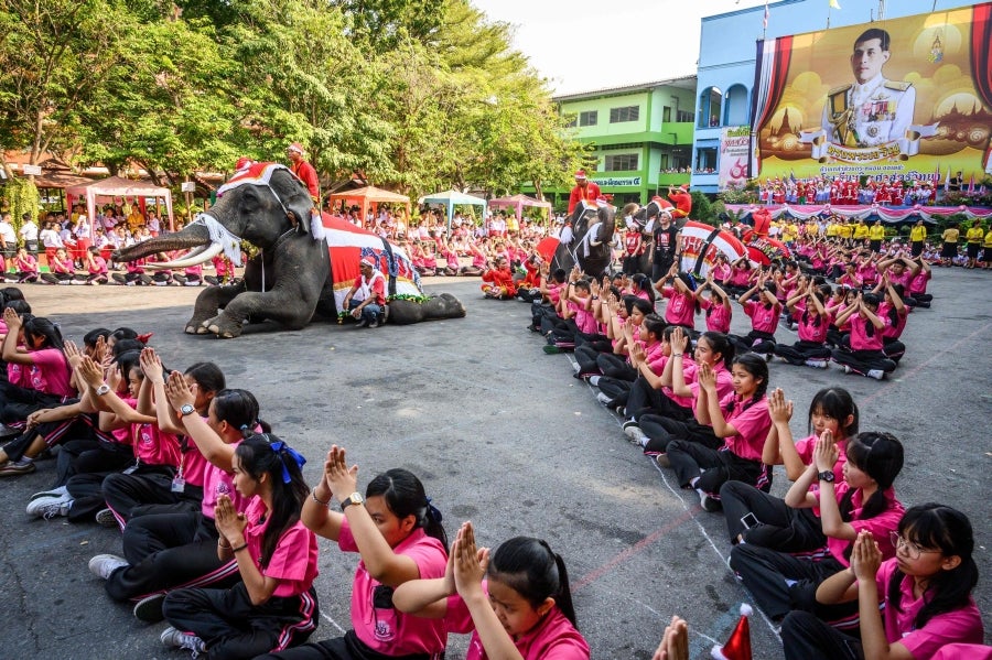 Un mahout entrena a su elefante, vestido con un disfraz de Papá Noel, antes de la presentación que harán ambos delante de los escolares, a modo de celebración navideña en Ayutthaya. 