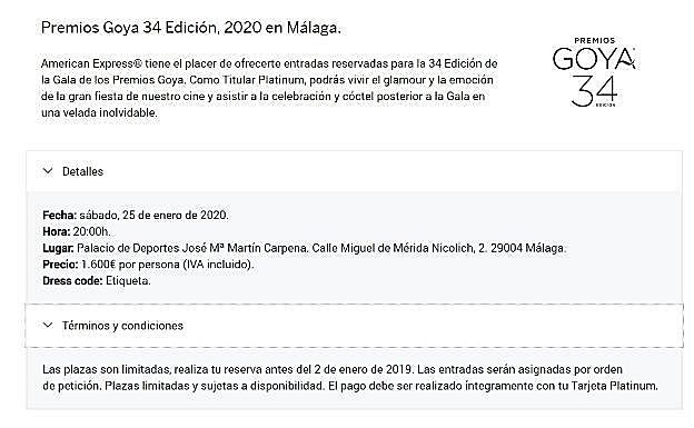 Oferta de American Express para sus clientes con tarjeta Patinum.