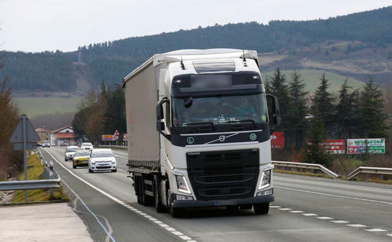 Un camión, seguido por varios coches, circulando por la N-121 a la altura de Sorauren.