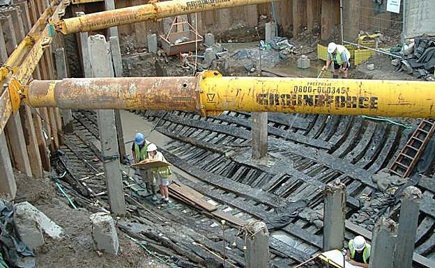 Pecio. El barco de Newport salió a la luz en unas excavaciones para construir un nuevo teatro a orillas del río Usk. 