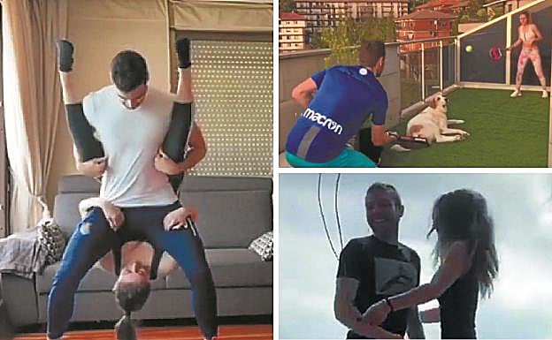 Merino hace pesas con su novia, Zaldua juega a pádel en la terraza de su casa con su pareja e Illarramendi salta a la comba.