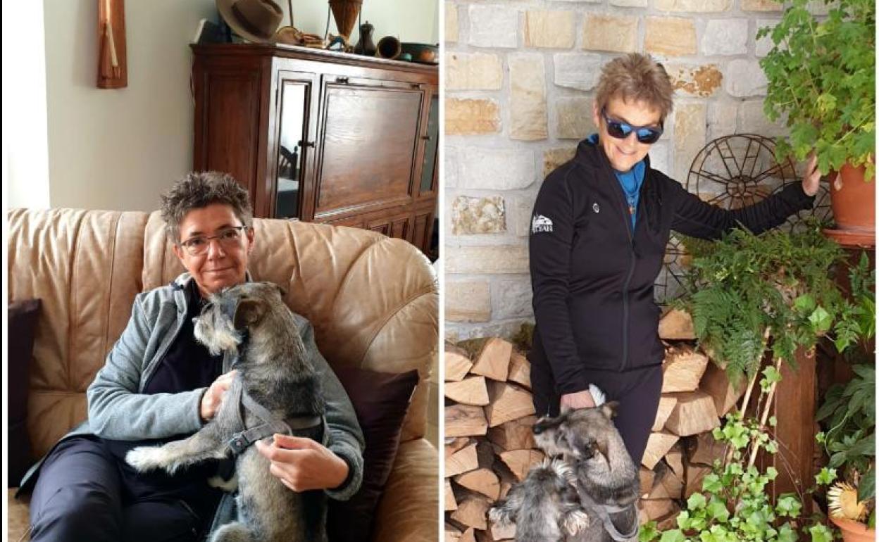 Alejandra, en el sofá, y Nelsy, en el exterior, se fotografiaron mutuamente en sus rincones favoritos de la casa en la que viven, en Hernialde.