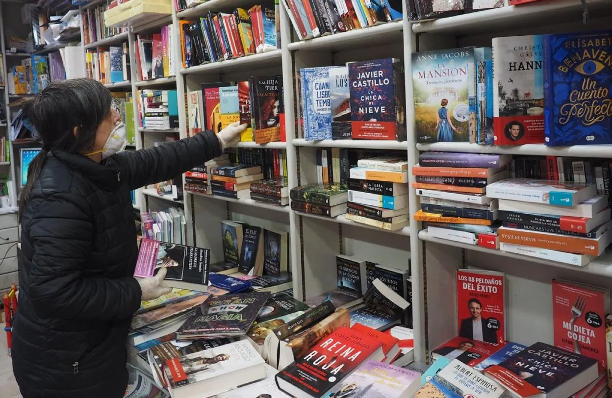 Lourdes Sasieta coloca algunos libros en las estanterías de la librería Aresti. 