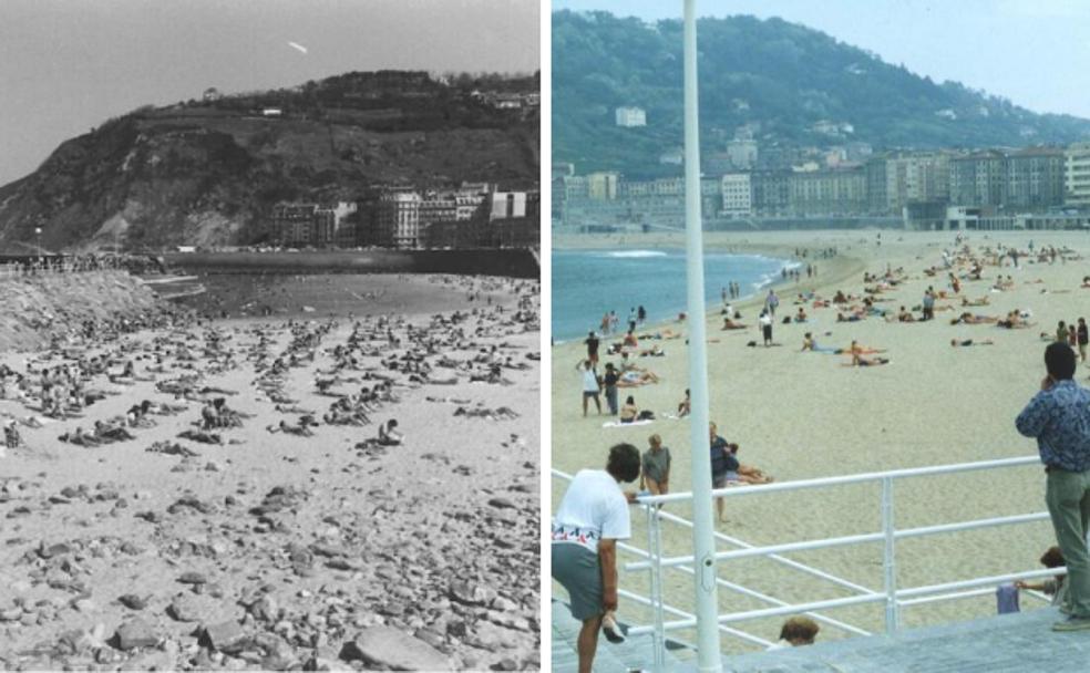 Imagen de la playa de Gros en 1990, antes de la reforma. Al lado, la nueva Zurriola, el 8 de mayo de 1995, el día que se abrió