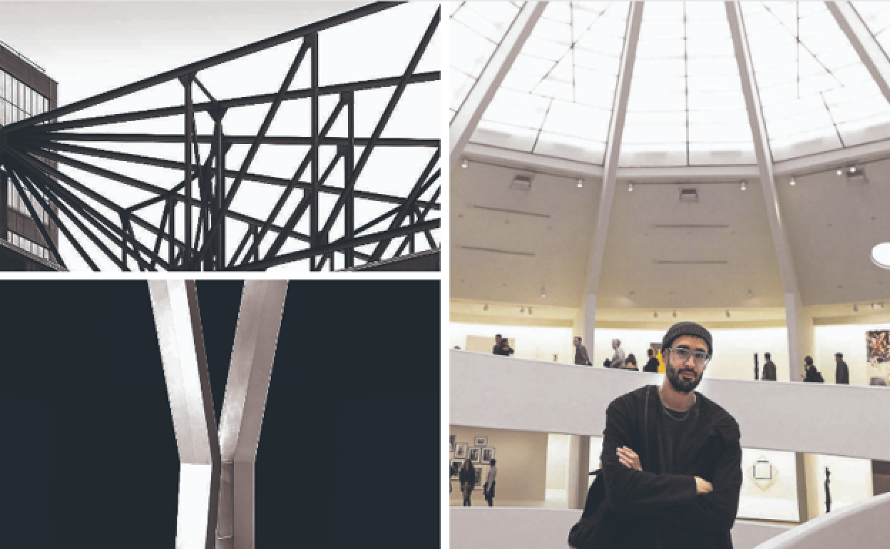 Gorospe en el Guggenhein de Nueva York. A la izquierda., dos de sus fotos neoyorquinas .