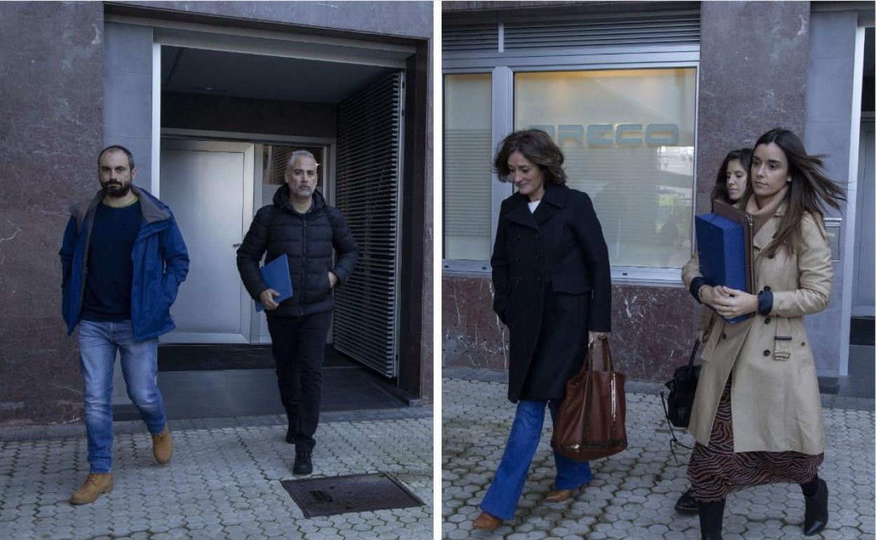 Gonzalo y Redogón, de CC OO, a la salida del CRL tras la primera y única reunión. Nerea Zamacola, izquierda, encabeza las negociaciones de Adegi. 