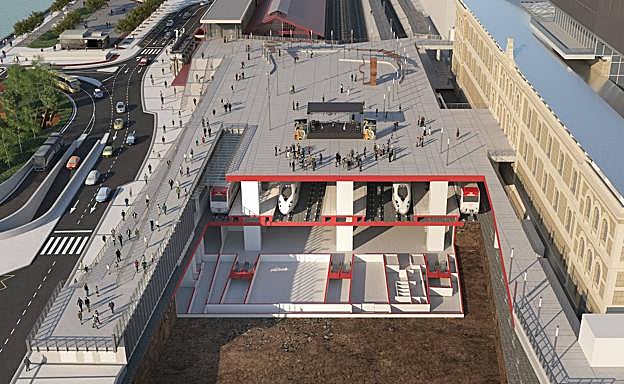 Fotomontaje de la futura estación del TAV en Donostia, que estará lista en 2023.