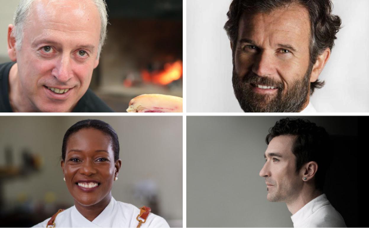 Arriba a la izquierda, Bittor Arginzoniz. A la derecha, Carlo Cracco. Debajo, Selassie Atadika y Eneko Atxa. 